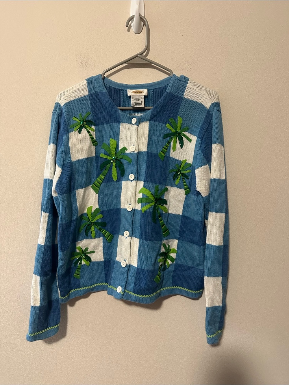 Vintage Talbots gingham palm tree beaded coastal grandma preppy cardigan size L